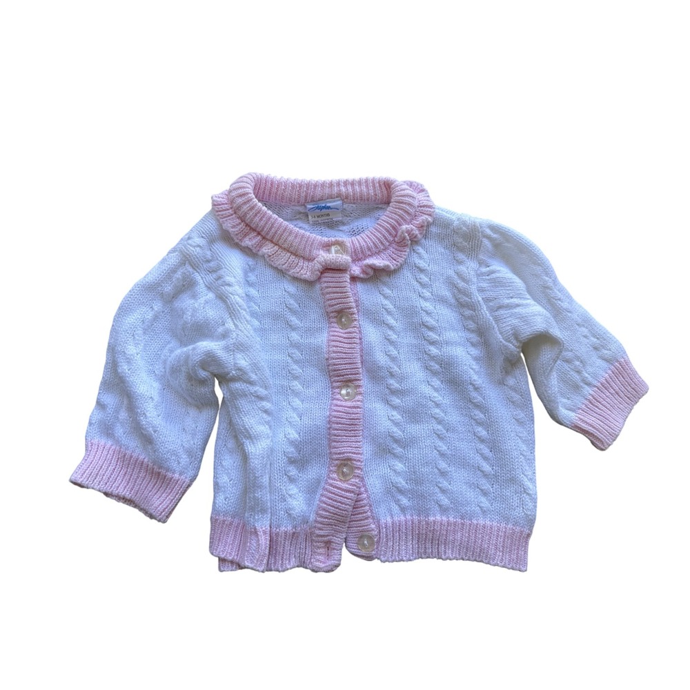 Stephan Baby Girl Cable Knit Cardigan White Pink Ruffle Collar 3-6 Months Cotton